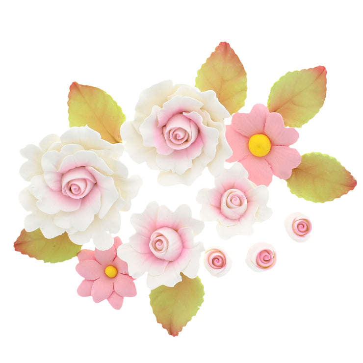 Ruffled Rose and Blossom Set, Sugar Flowers for Cakes, by Global Sugar Art, White and Pink