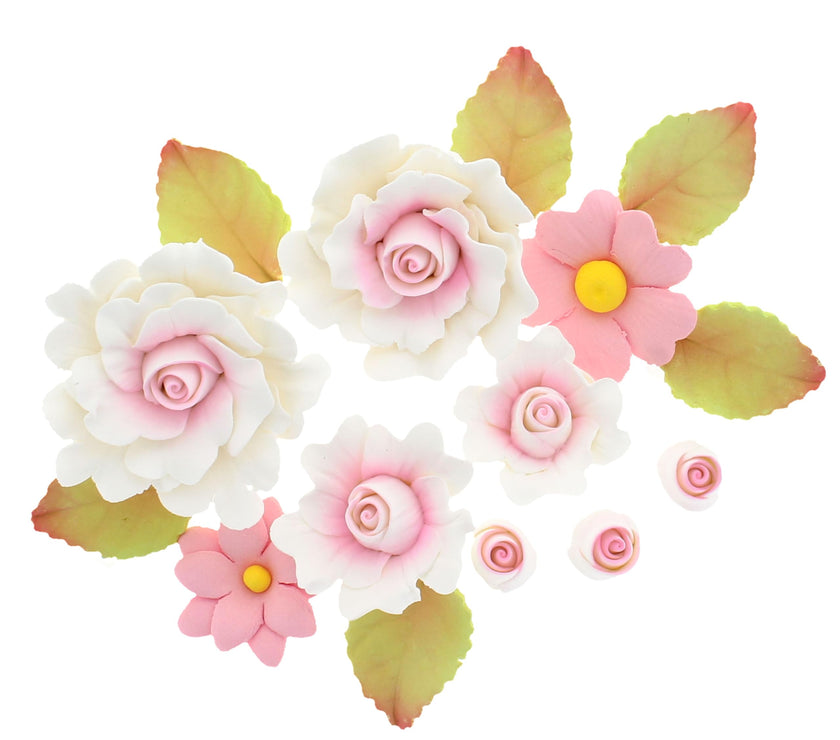 Ruffled Rose and Blossom Set, Sugar Flowers for Cakes, by Global Sugar Art, White and Pink