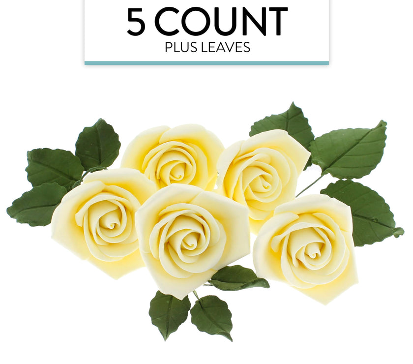 Peace Rose Sugar Flowers with Leaves, Cake Decorating Kit, by Global Sugar Art, Medium, Yellow