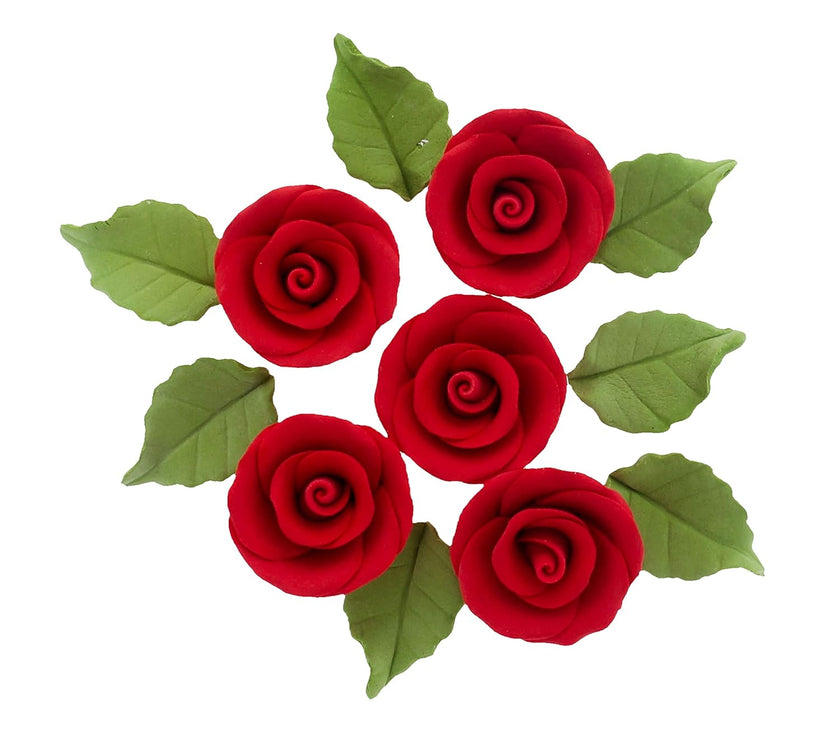 Premium Edible Roses with Leaves, Edible Sugar Cake & Cupcake Flower Kit, by Global Sugar Art, Red