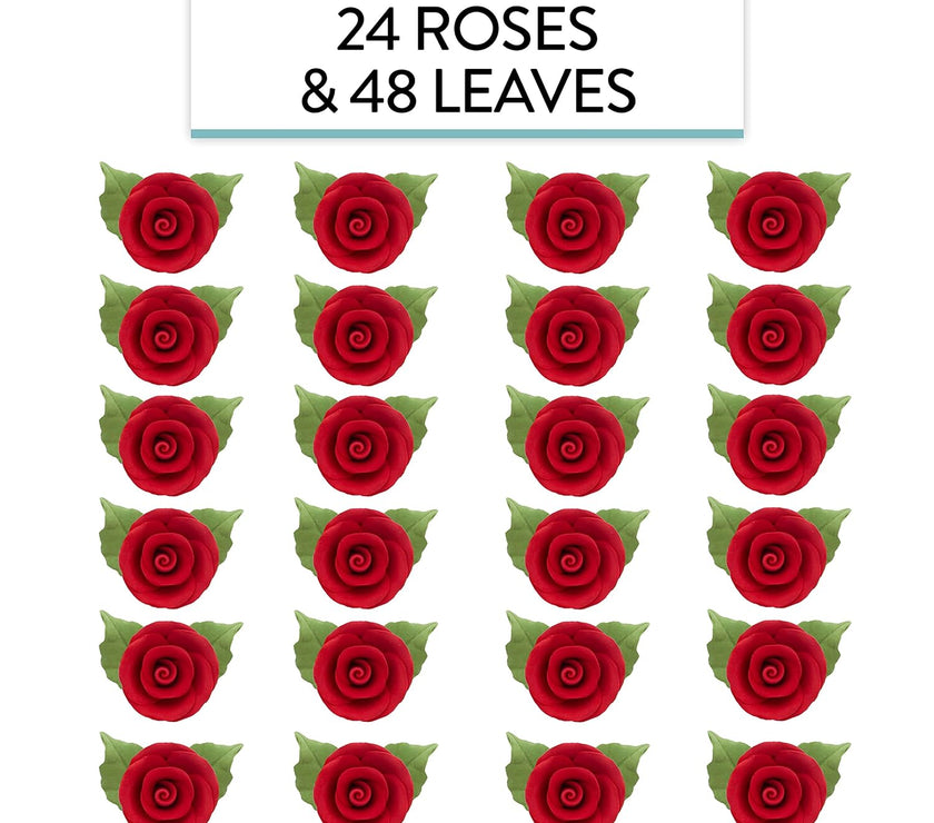 Premium Edible Roses with Leaves, Edible Sugar Cake & Cupcake Flower Kit, by Global Sugar Art, Red