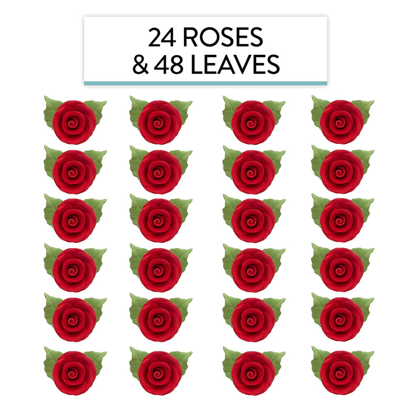 Premium Edible Roses with Leaves, Edible Sugar Cake & Cupcake Flower Kit, by Global Sugar Art, Red