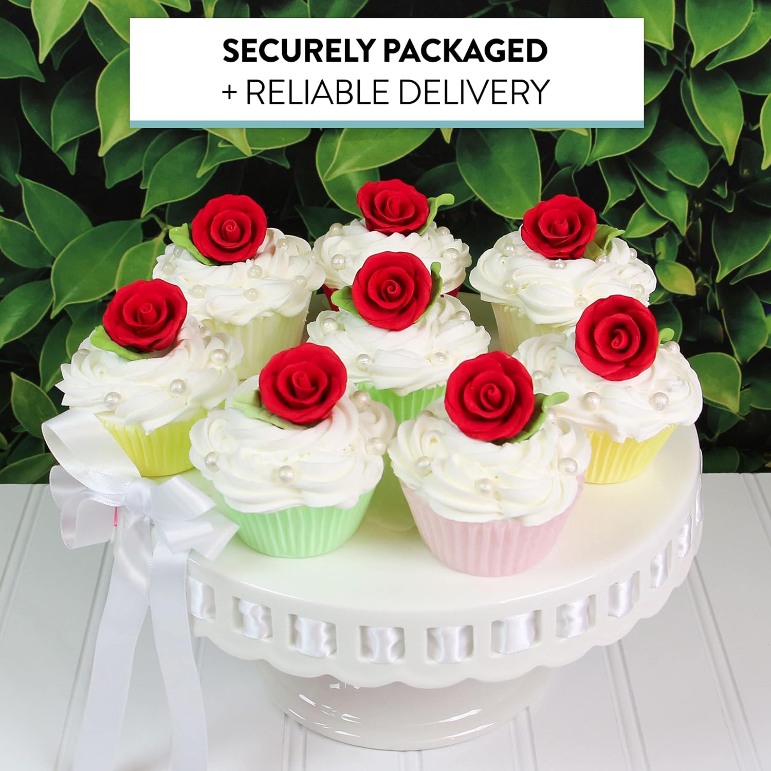 Premium Edible Roses with Leaves, Edible Sugar Cake & Cupcake Flower Kit, by Global Sugar Art, Red