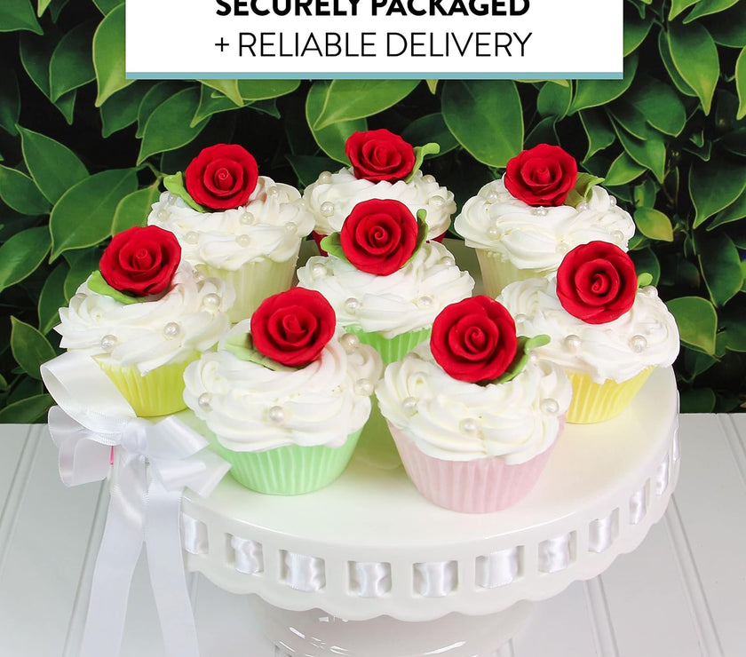 Premium Edible Roses with Leaves, Edible Sugar Cake & Cupcake Flower Kit, by Global Sugar Art, Red