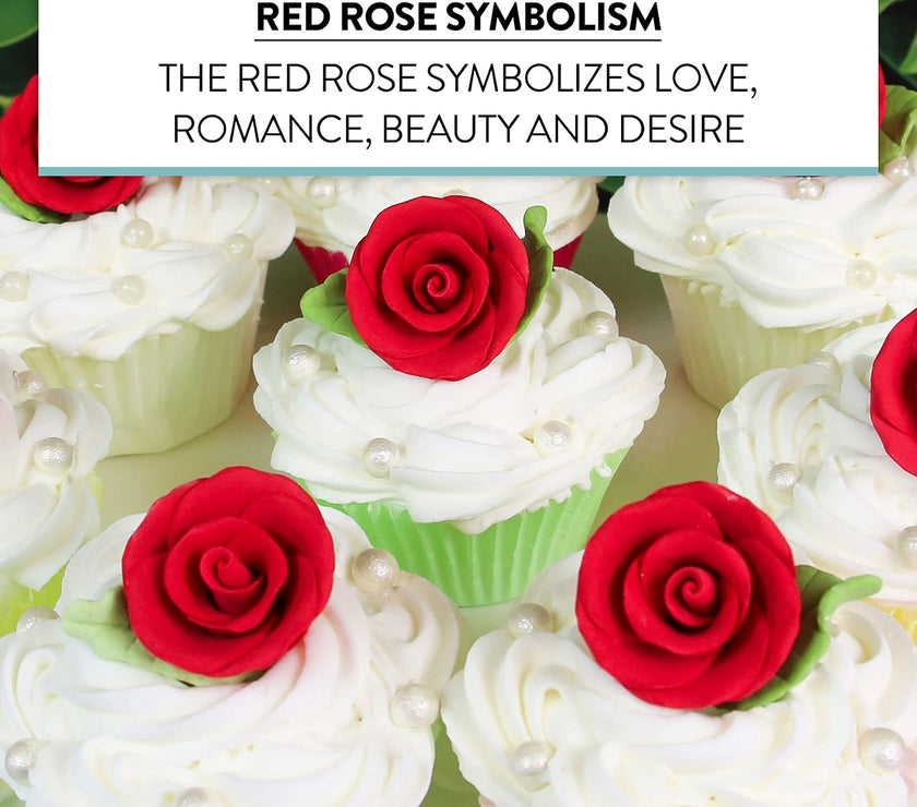 Premium Edible Roses with Leaves, Edible Sugar Cake & Cupcake Flower Kit, by Global Sugar Art, Red