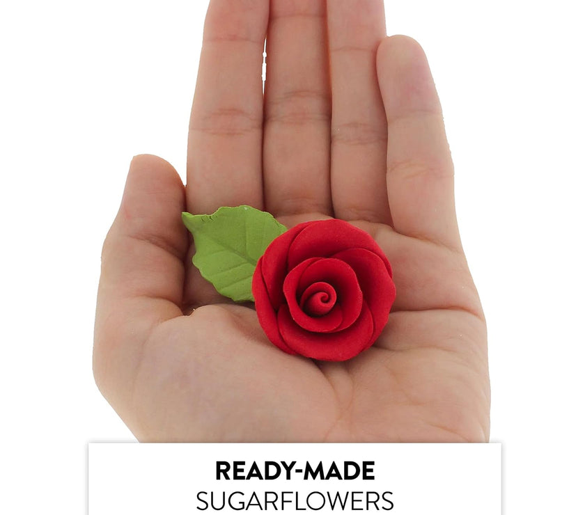 Premium Edible Roses with Leaves, Edible Sugar Cake & Cupcake Flower Kit, by Global Sugar Art, Red