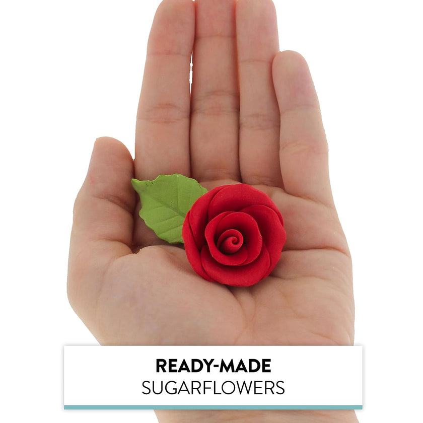 Premium Edible Roses with Leaves, Edible Sugar Cake & Cupcake Flower Kit, by Global Sugar Art, Red