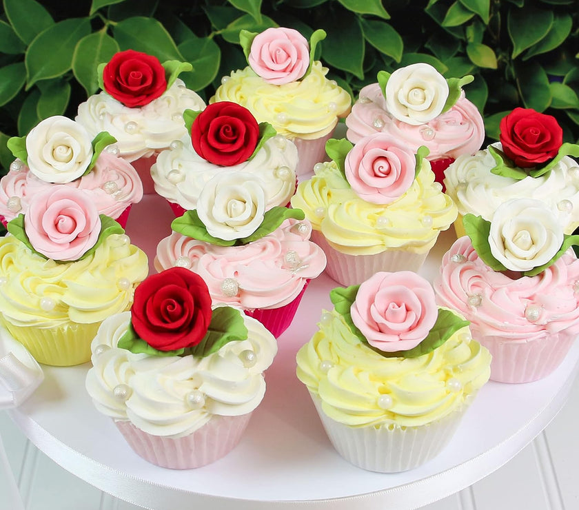 Premium Edible Roses with Leaves, Edible Sugar Cake & Cupcake Flower Kit, by Global Sugar Art, Red