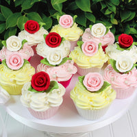 Premium Edible Roses with Leaves, Edible Sugar Cake & Cupcake Flower Kit, by Global Sugar Art, Red