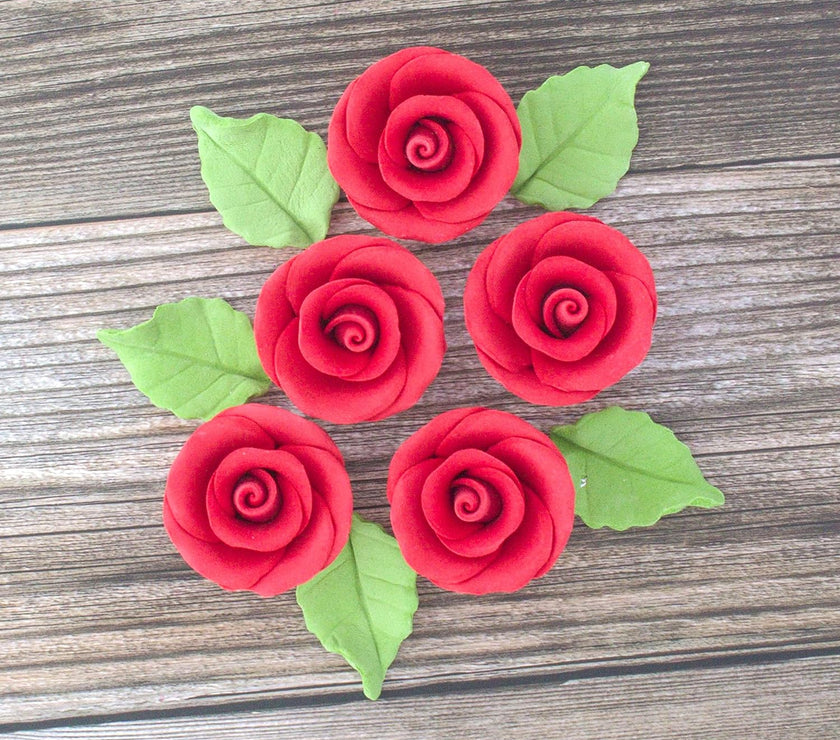 Premium Edible Roses with Leaves, Edible Sugar Cake & Cupcake Flower Kit, by Global Sugar Art, Red