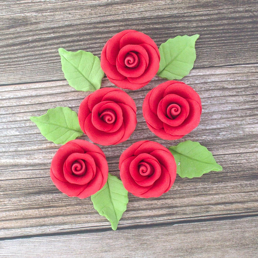 Premium Edible Roses with Leaves, Edible Sugar Cake & Cupcake Flower Kit, by Global Sugar Art, Red