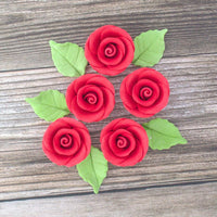 Premium Edible Roses with Leaves, Edible Sugar Cake & Cupcake Flower Kit, by Global Sugar Art, Red